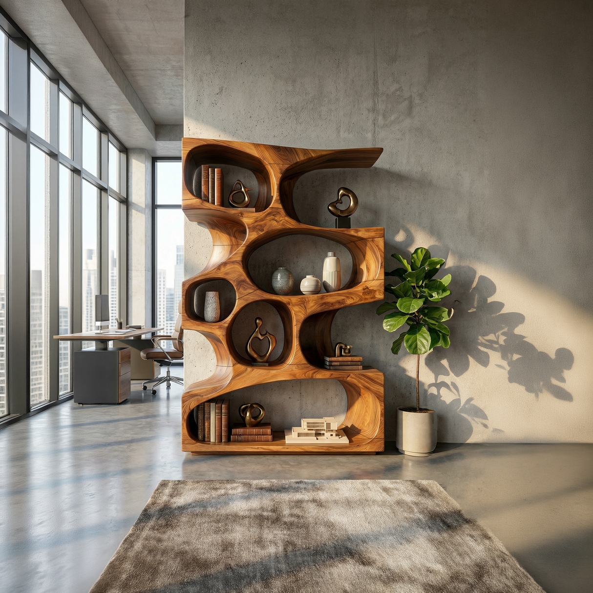 Mid Century Modern Wavy Bookshelf Bedroom Corner Storage