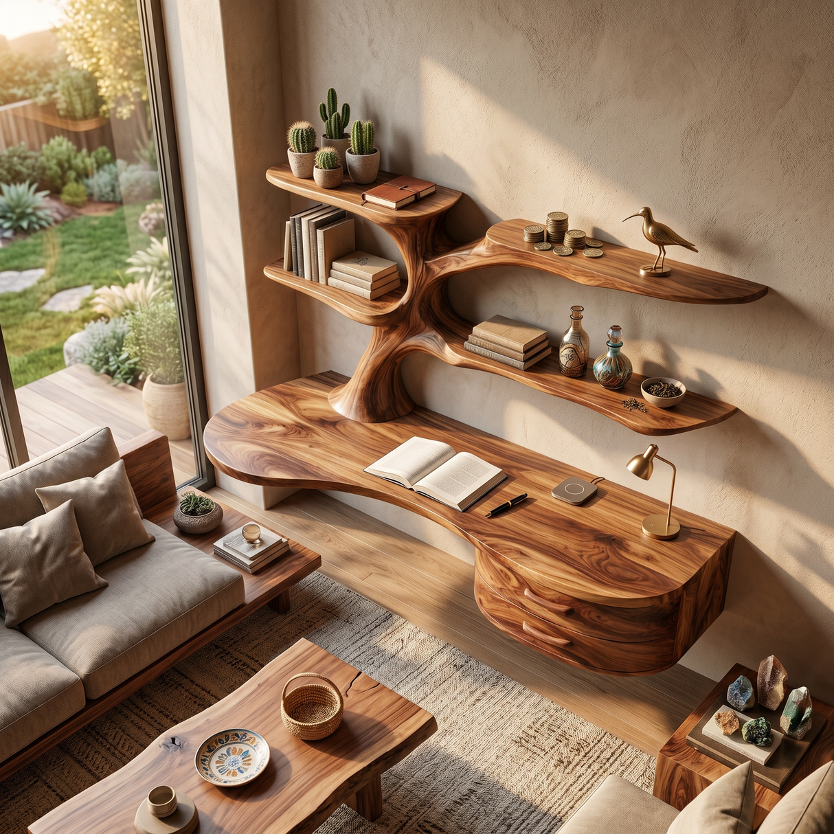 Rustic Wooden Desk With Sculptural Shelving And Drawer For Workspace