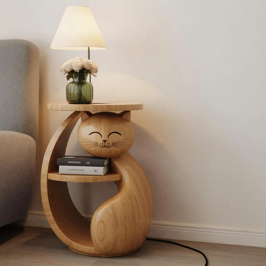 Whimsical Cat Shaped Wooden Side Table For Bedroom