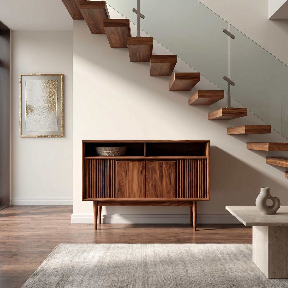 Scandinavian Wooden Console Table With Carved Fluted For Entryway