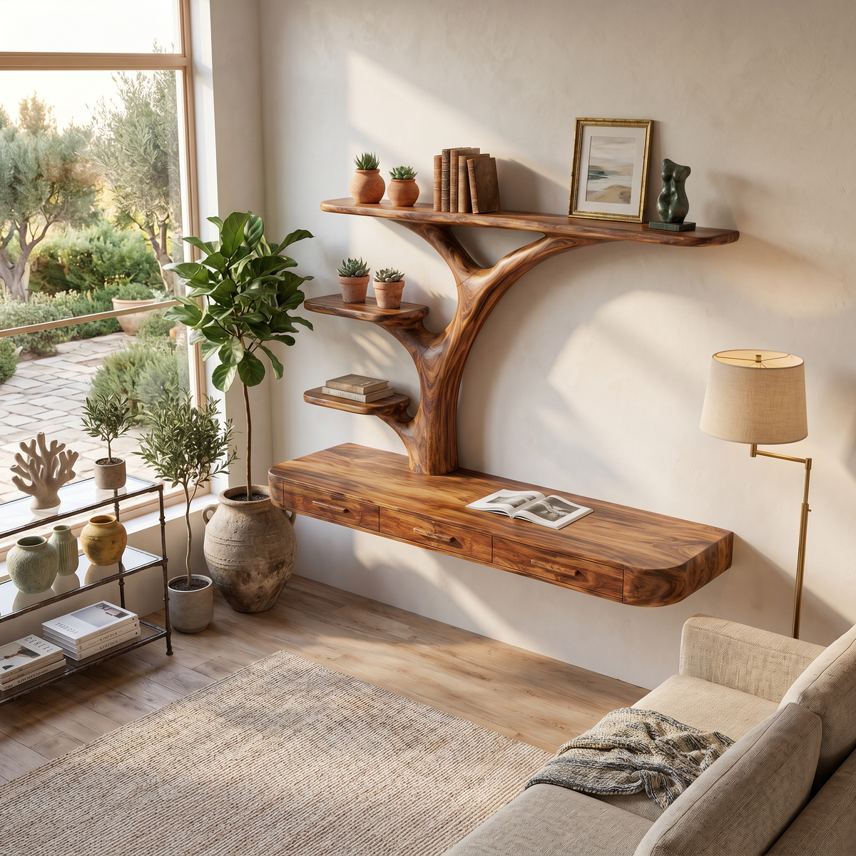Organic Floating Desk With Branch Shaped Open Shelves For Workspace