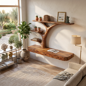 Organic Floating Desk With Branch Shaped Open Shelves For Workspace