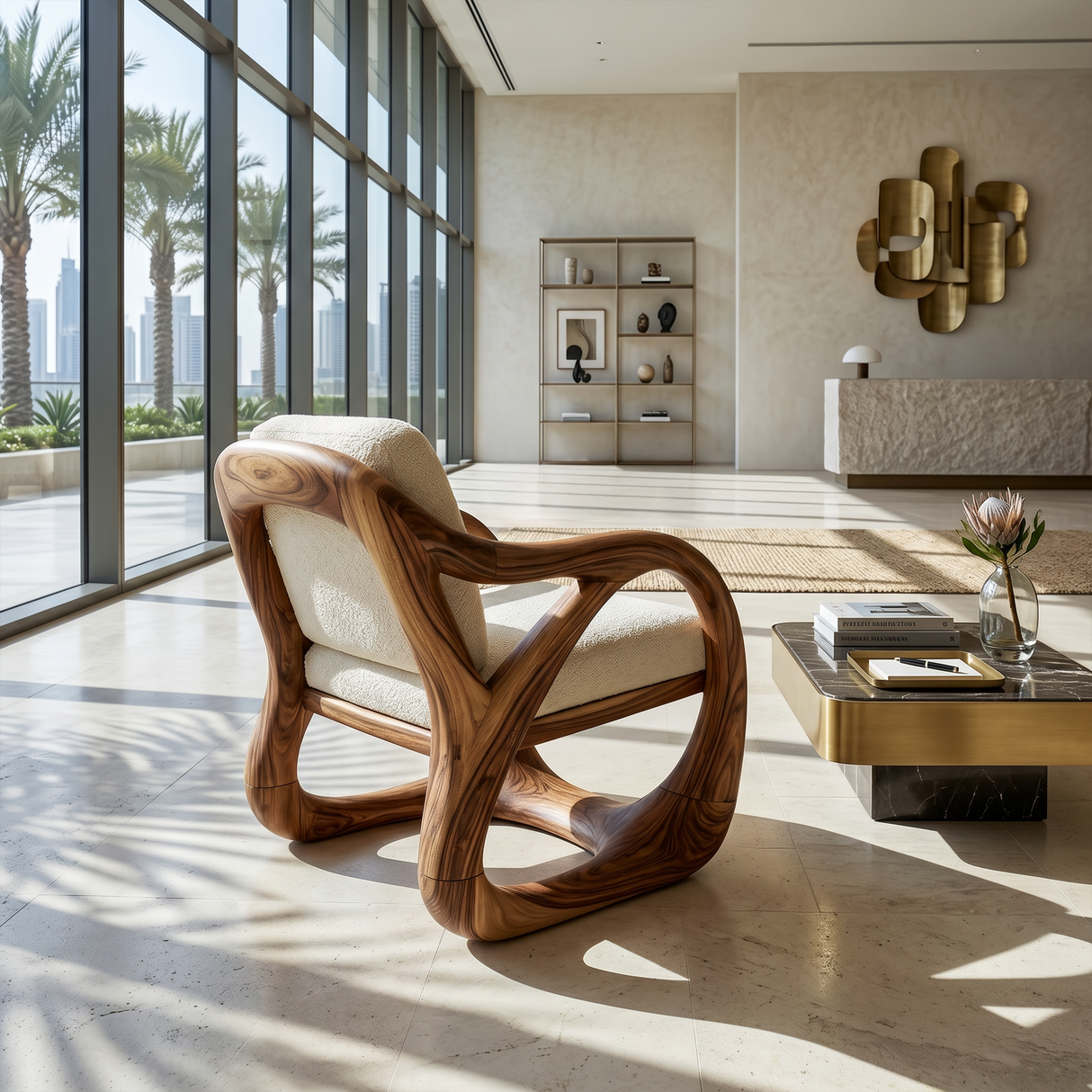Sculpted Walnut Lounge Chair in a Grand Luxury Living Space