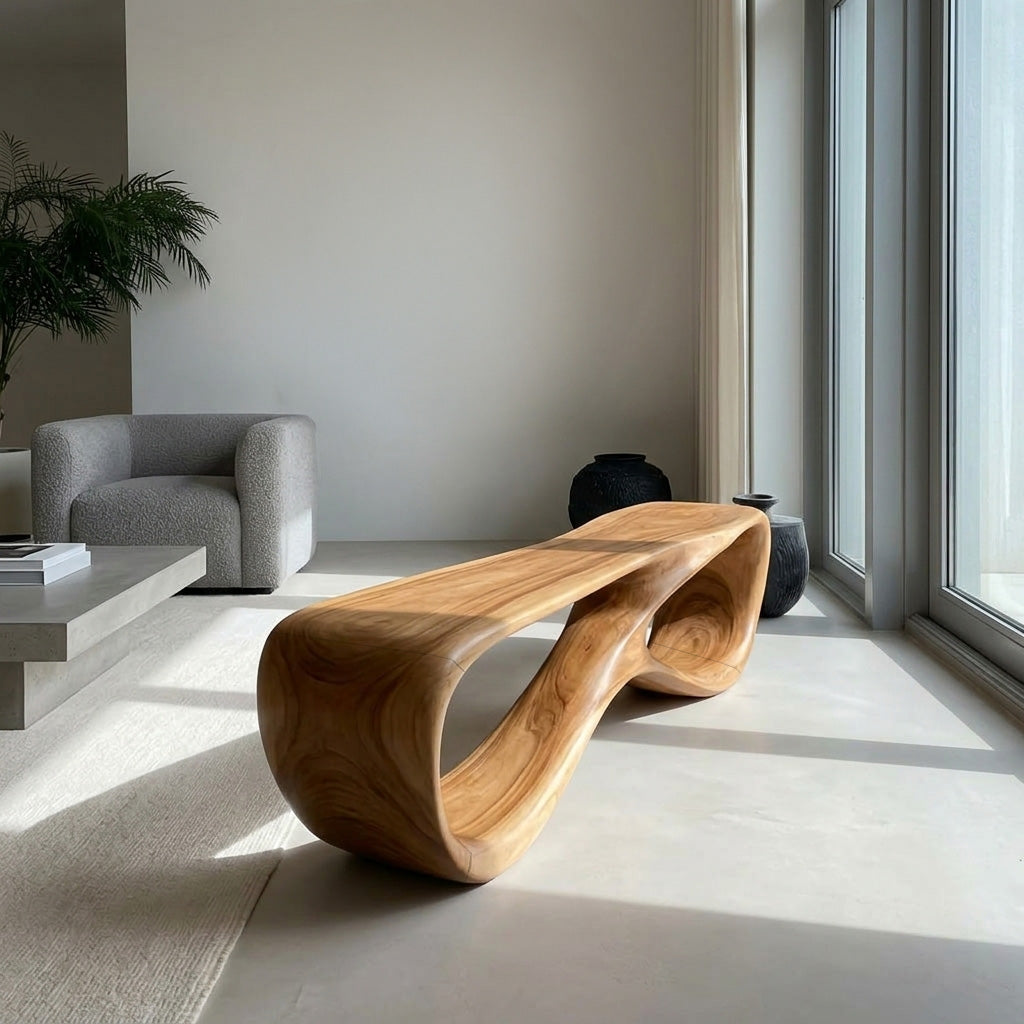 Minimalist Sculptural Wooden Bench For Entryway Decor