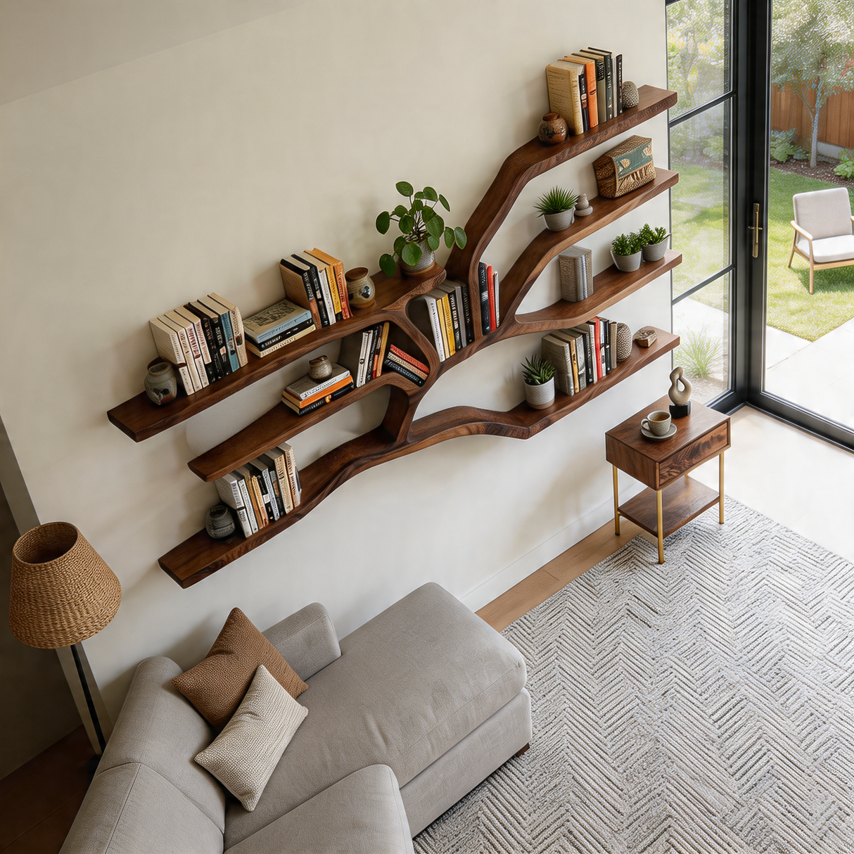 Handcrafted Sculptural Wooden Bookshelf For Living Room Decor