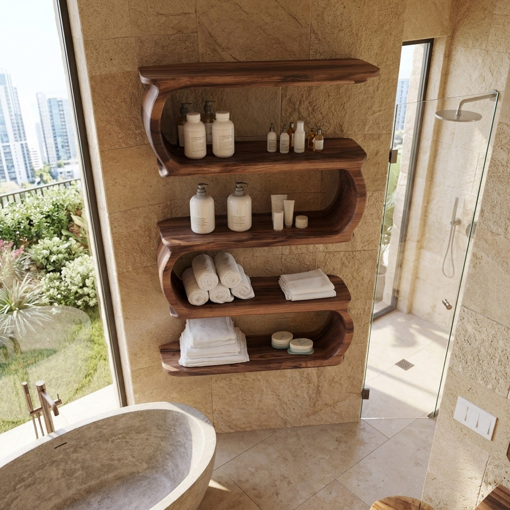 Minimal Natural Wood Floating Bathroom Shelves For Spa Decor