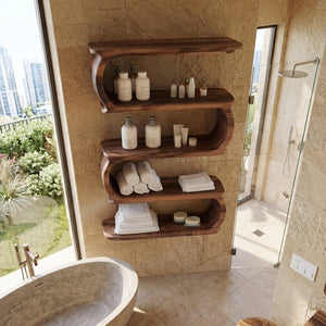 Minimal Natural Wood Floating Bathroom Shelves For Spa Decor