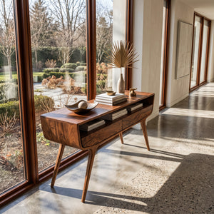 Mid Century Curved Console Table With Drawers For Entryway