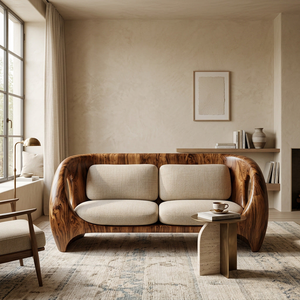 Elegant Sculptural Wooden Sofa For Quiet Luxury Interior