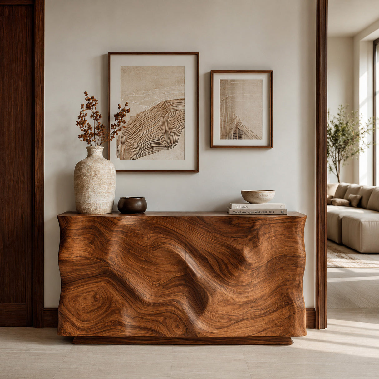 Organic Wood Sculptural Console Table For Home Decor