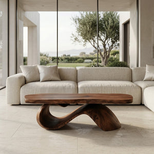 Organic Wooden Coffee Table With Sculptural Base For Living Room
