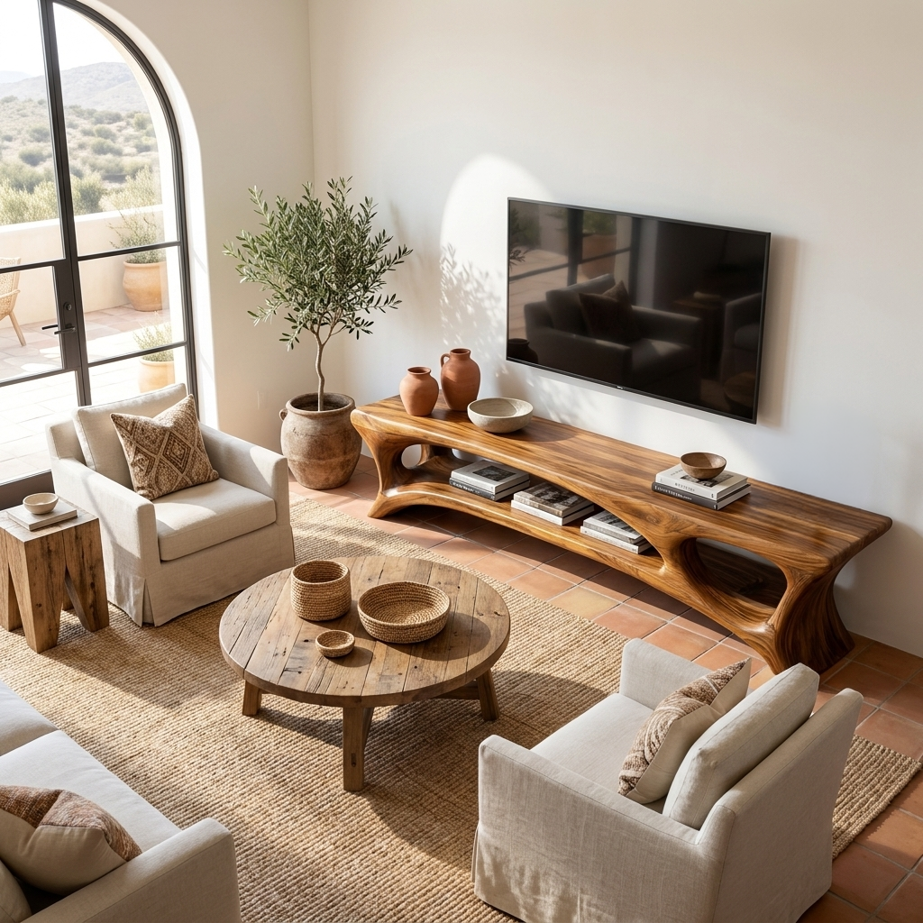Organic Wood TV Stand With Open Shelf For Living Space