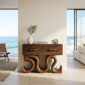 Rustic Wood Console Table With Unique Sculptural Base For Interior