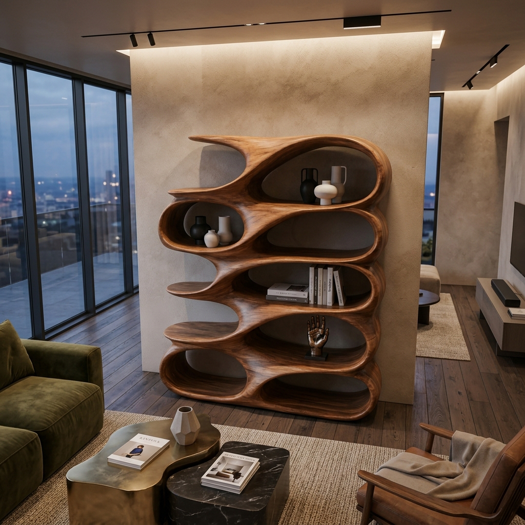 Modern Sculptural Bookshelf With Carved Flowing Shelves For Home