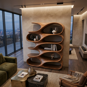 Modern Sculptural Bookshelf With Carved Flowing Shelves For Home