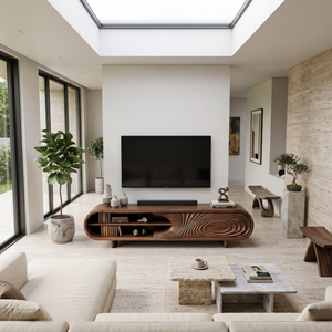 Modern Sculptural Wood TV Stand With Carved Door For Living Room