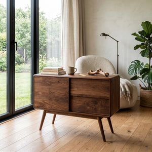 Mid Century Rounded Console Table With Compartments For Living