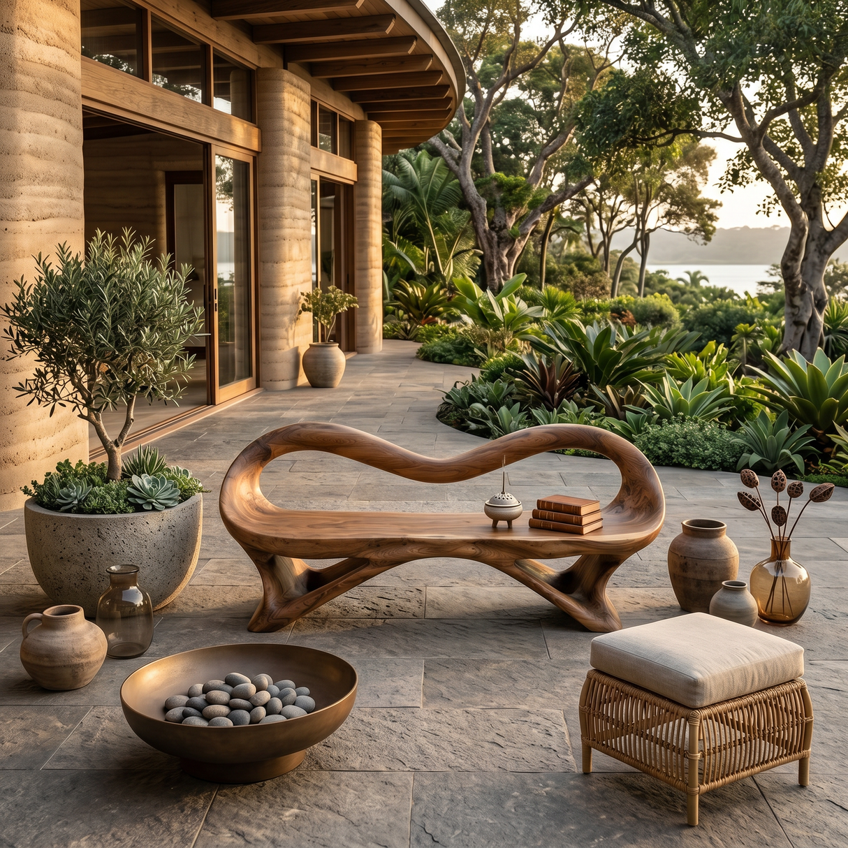 Fluid Wooden Bench With Artistic Open Frame For Hallway