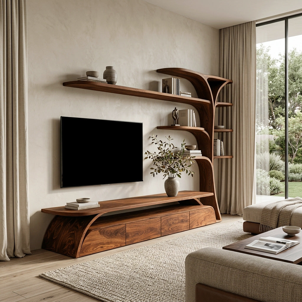 Organic Wooden TV Stand With Display Shelves For Living Room