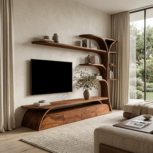 Organic Wooden TV Stand With Display Shelves For Living Room