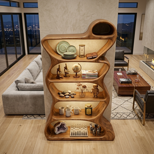 Wooden Bookshelf With Flowing Sculptural Silhouette For Living Room