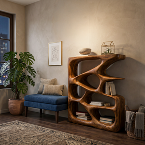 Designer Wooden Bookshelf With Sculptural Shelves For Decorative Accents