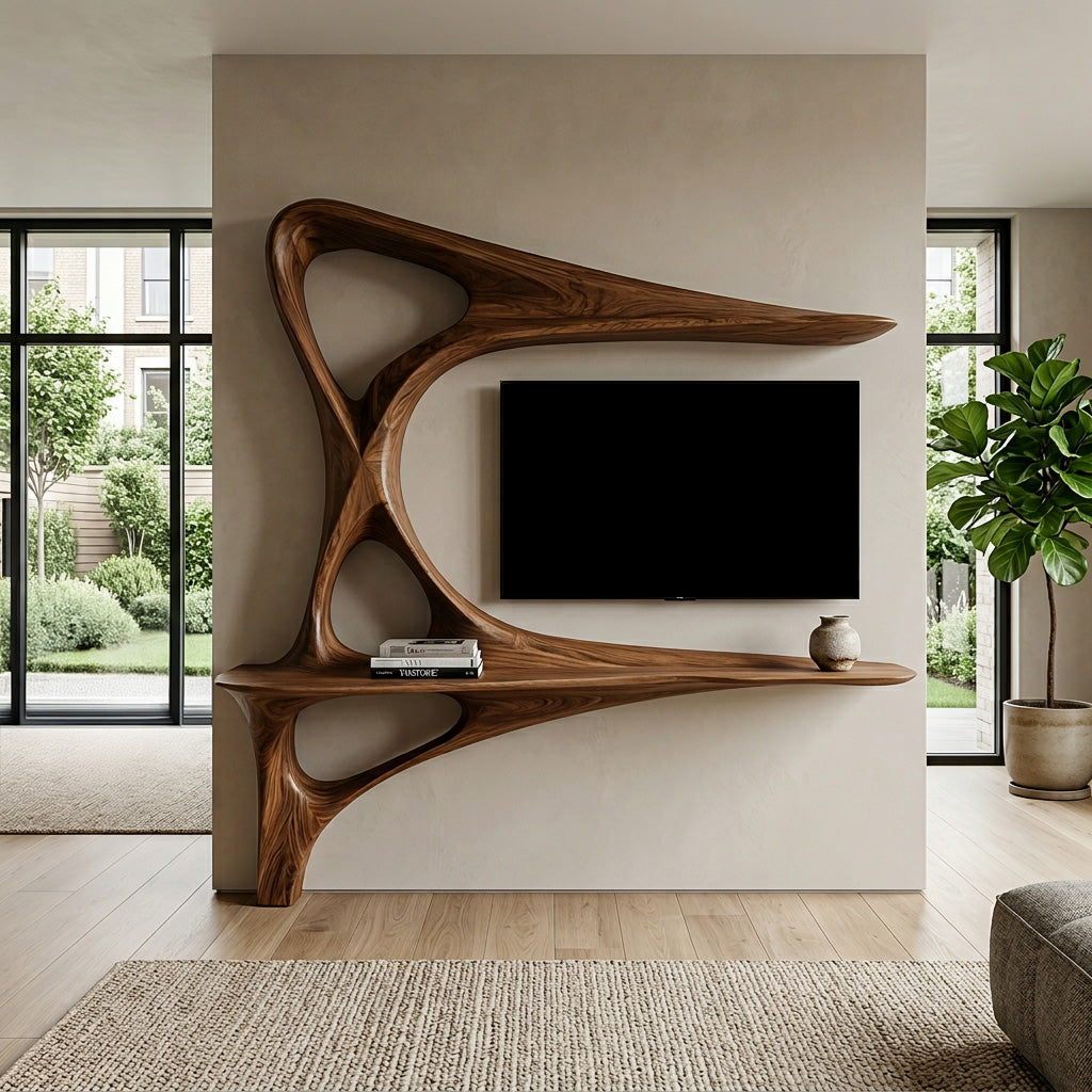 Rustic TV Console With Carved Frame For Living Room