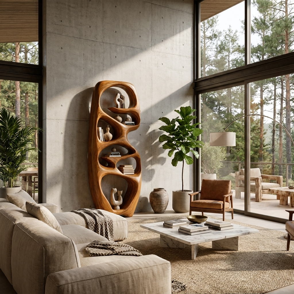 Contemporary Wooden Bookshelf Fluid Sculptural Design For Living Room