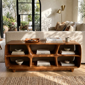 Contemporary Wooden Bookshelf With Six Display Compartments For Living Room