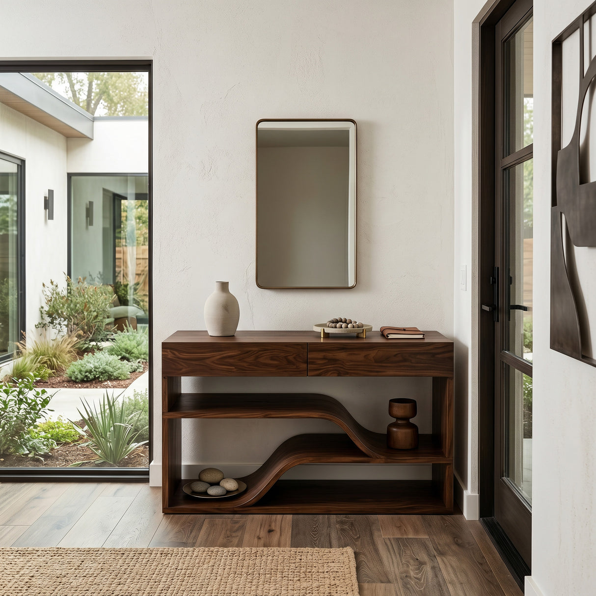 Organic Wooden Console Table With Connecting Shelving Units For Entryway