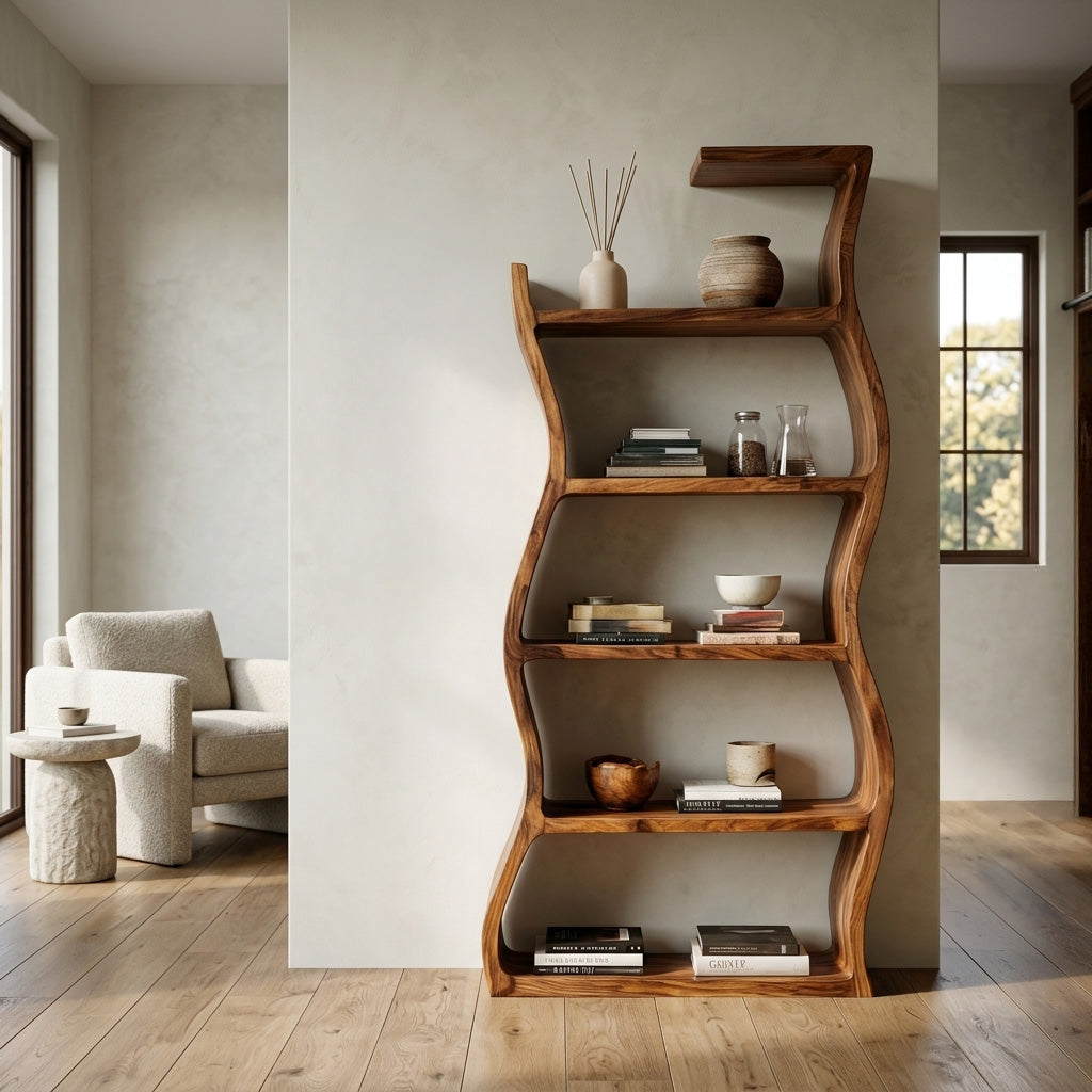 Contemporary Wooden Wavy Bookshelf With Multi Display Tiers For Living