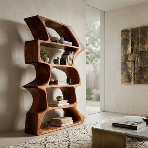 Organic Farmhouse Wooden Curved Bookshelf For Living Room