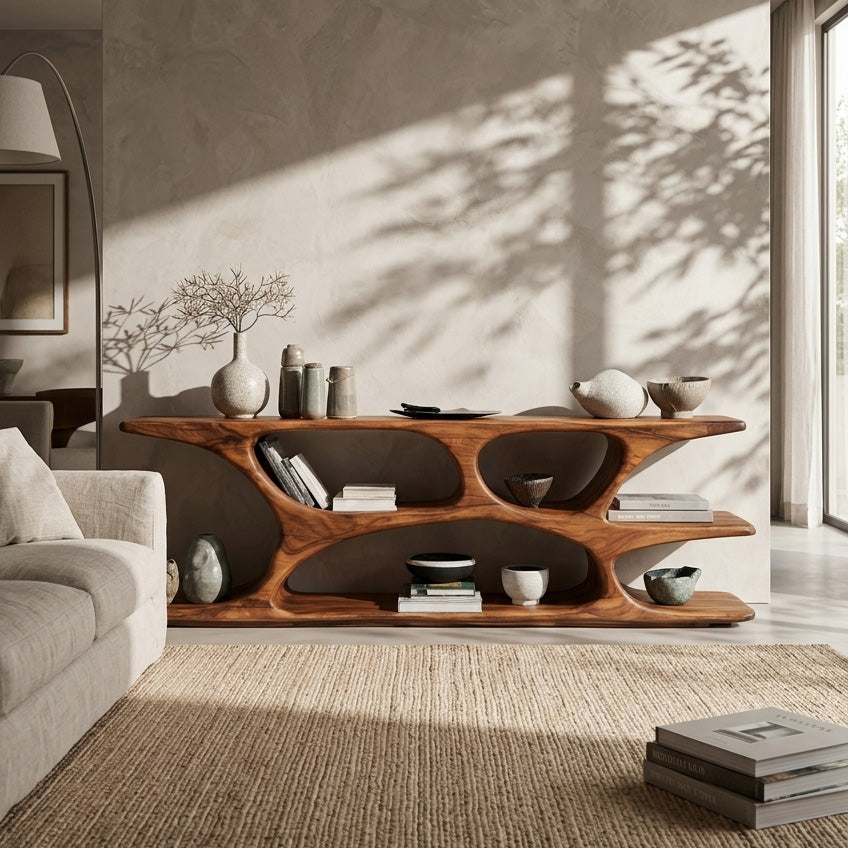 Sculptural Low Bookshelf With Multi Display Compartment For Living Room