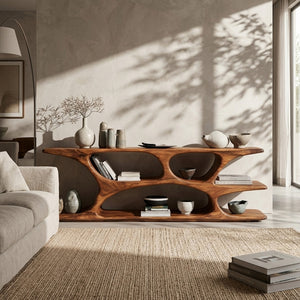 Sculptural Low Bookshelf With Multi Display Compartment For Living Room