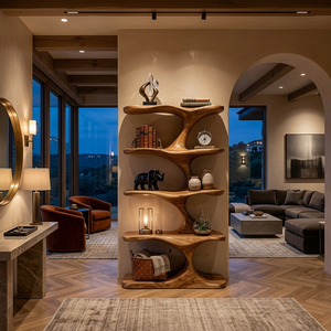 Natural Wood Bookshelf With Decorative Open Shelving For Living Room