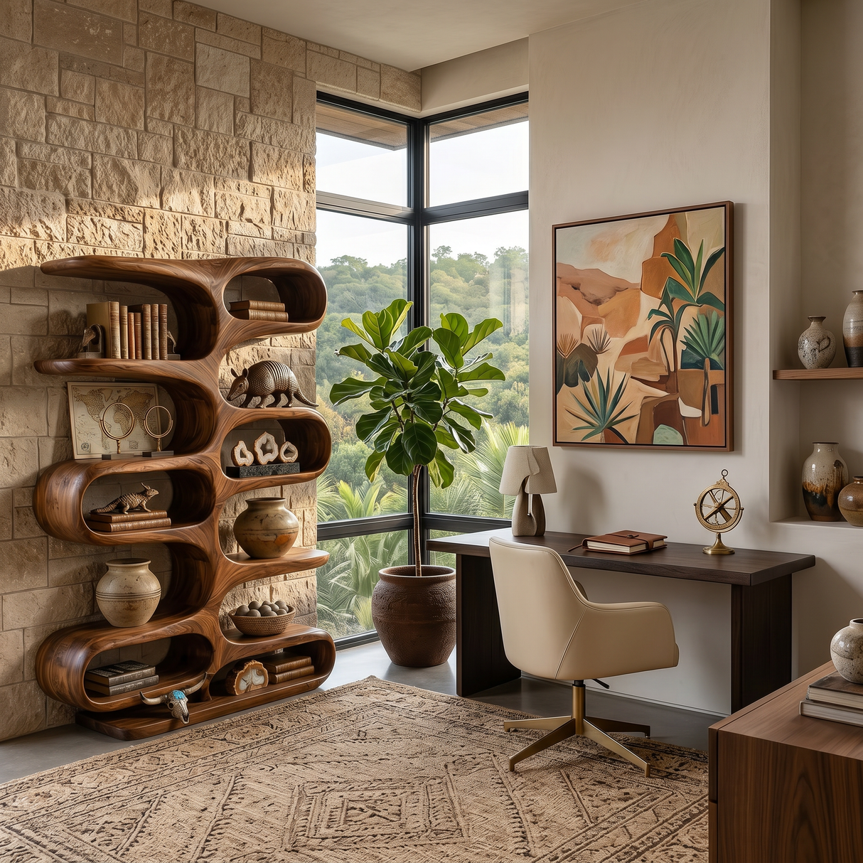 Contemporary Wooden Bookshelf With Sculptural Form For Living Room