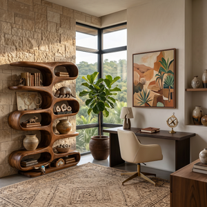 Contemporary Wooden Bookshelf With Sculptural Form For Living Room
