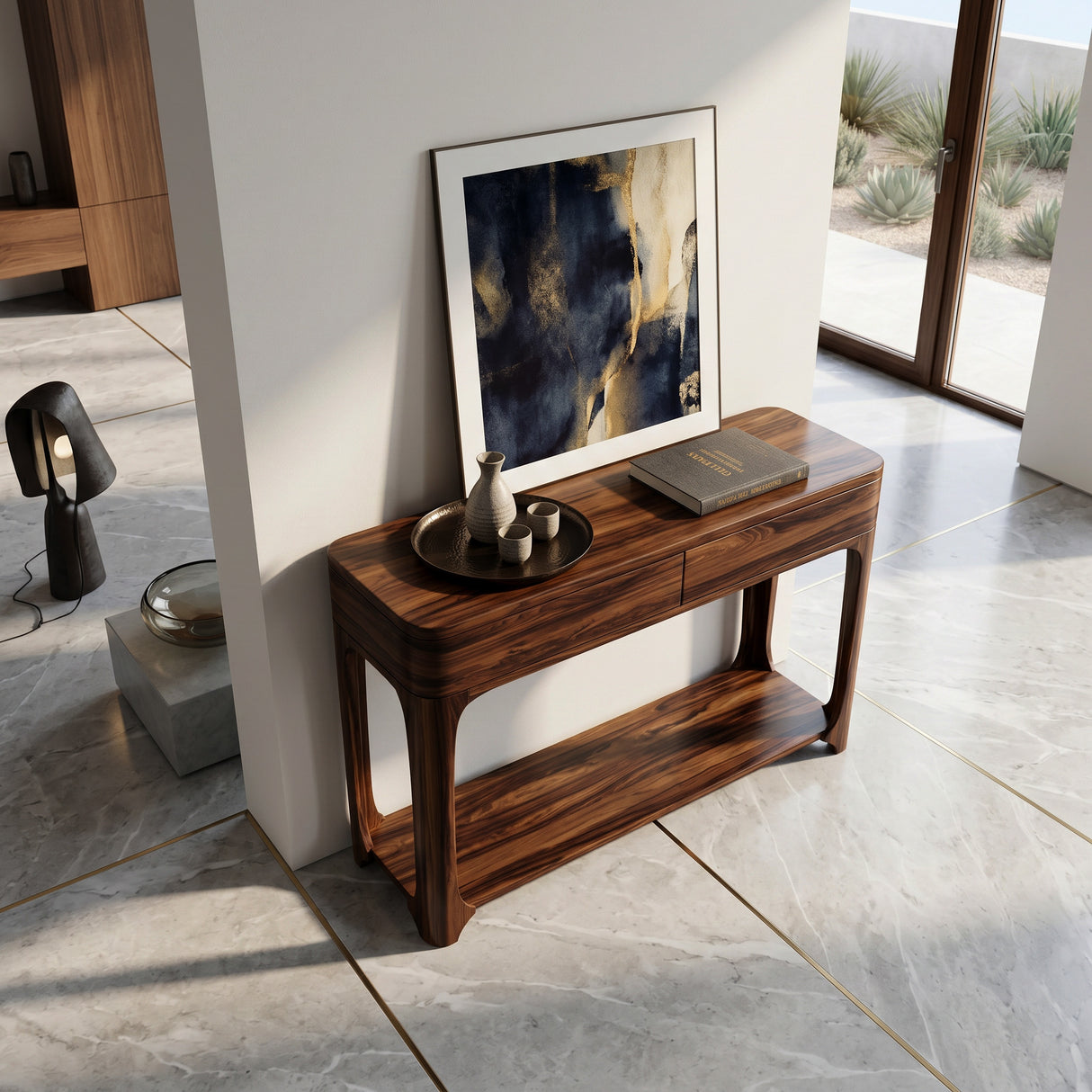Minimalist Rounded Console Table With Two Compartments For Living Room