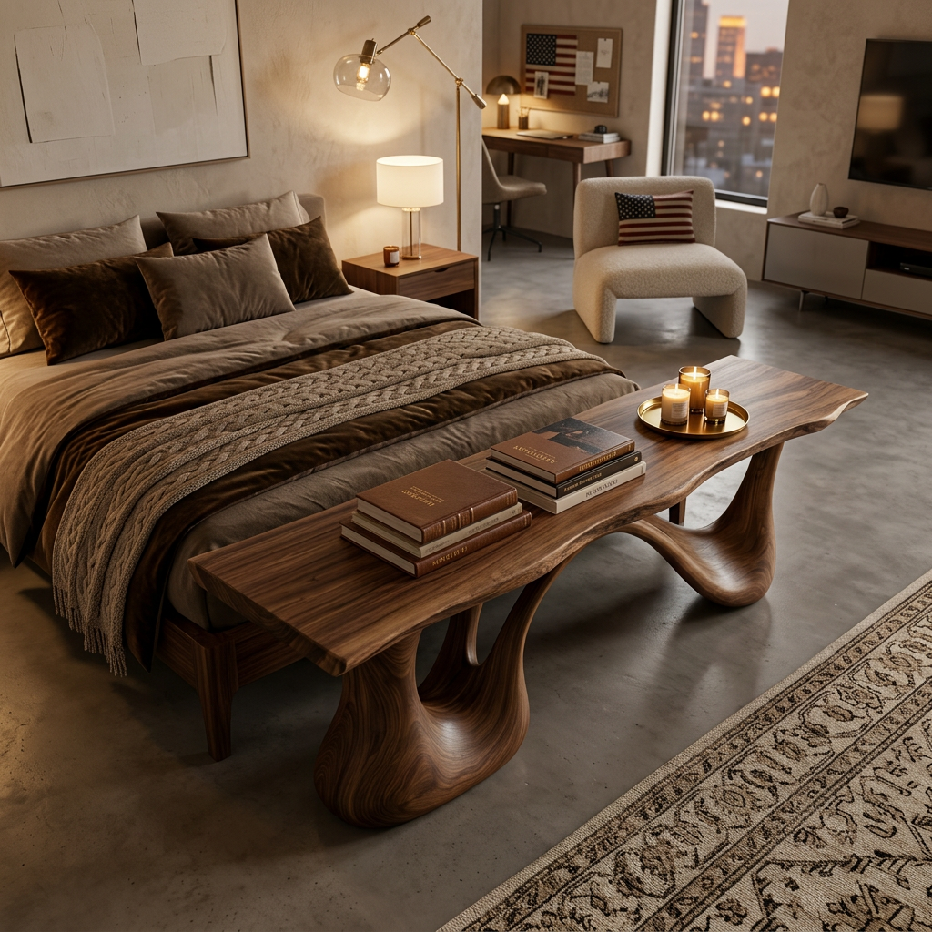Organic Wooden Bench With Undulating Sculptural Base For Home Furniture