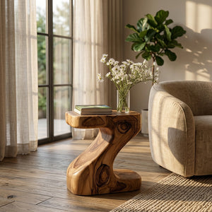 Organic Wooden Z-Shaped Side Table For Home Living