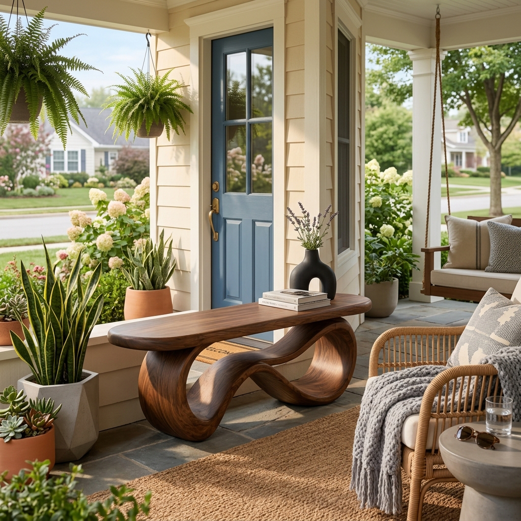 Wooden Bench With Curved Sculptural Base For Home Furniture