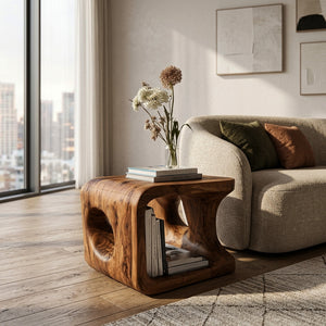 Organic Natural Wood Open Cube Side Table For Living Room