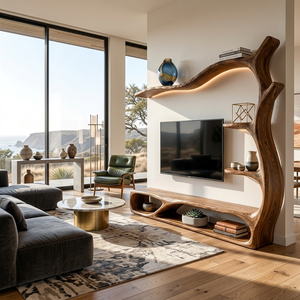 Rustic Wooden TV Stand Sculptural Flow Form For Living Furniture