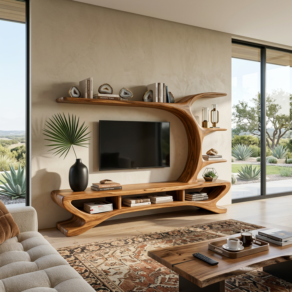 Mid Century Wooden TV Stand Sculptural Design For Living Room