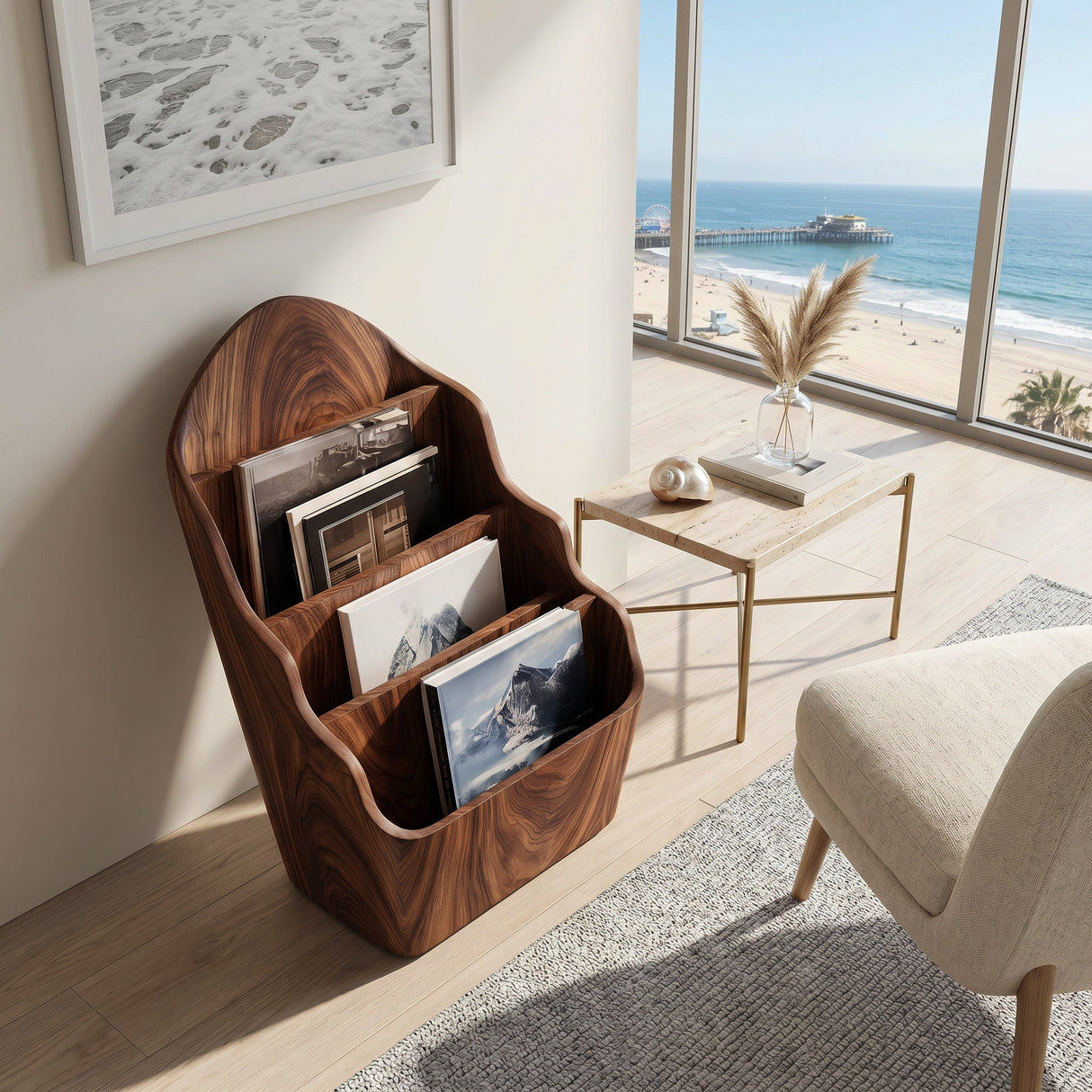 Organic Wooden Curved Tiered Magazine Rack For Living Room