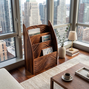 Contemporary Wooden Wave Carved Magazine Rack For Living Room