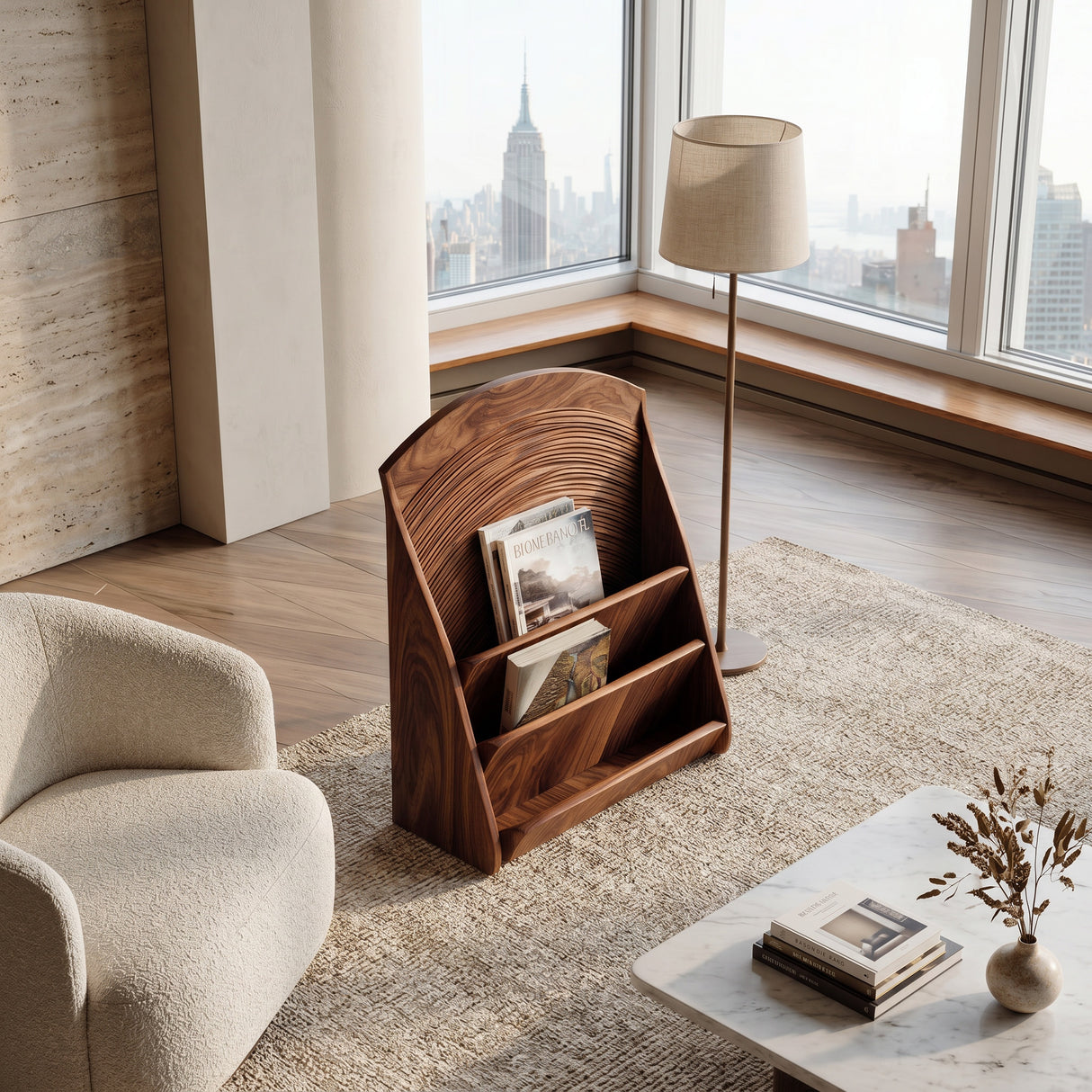 Organic Carved Wooden Magazine Rack For Home Storage