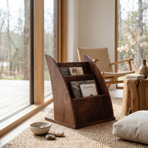 Contemporary Carved Wood Magazine Rack For Reading Corner