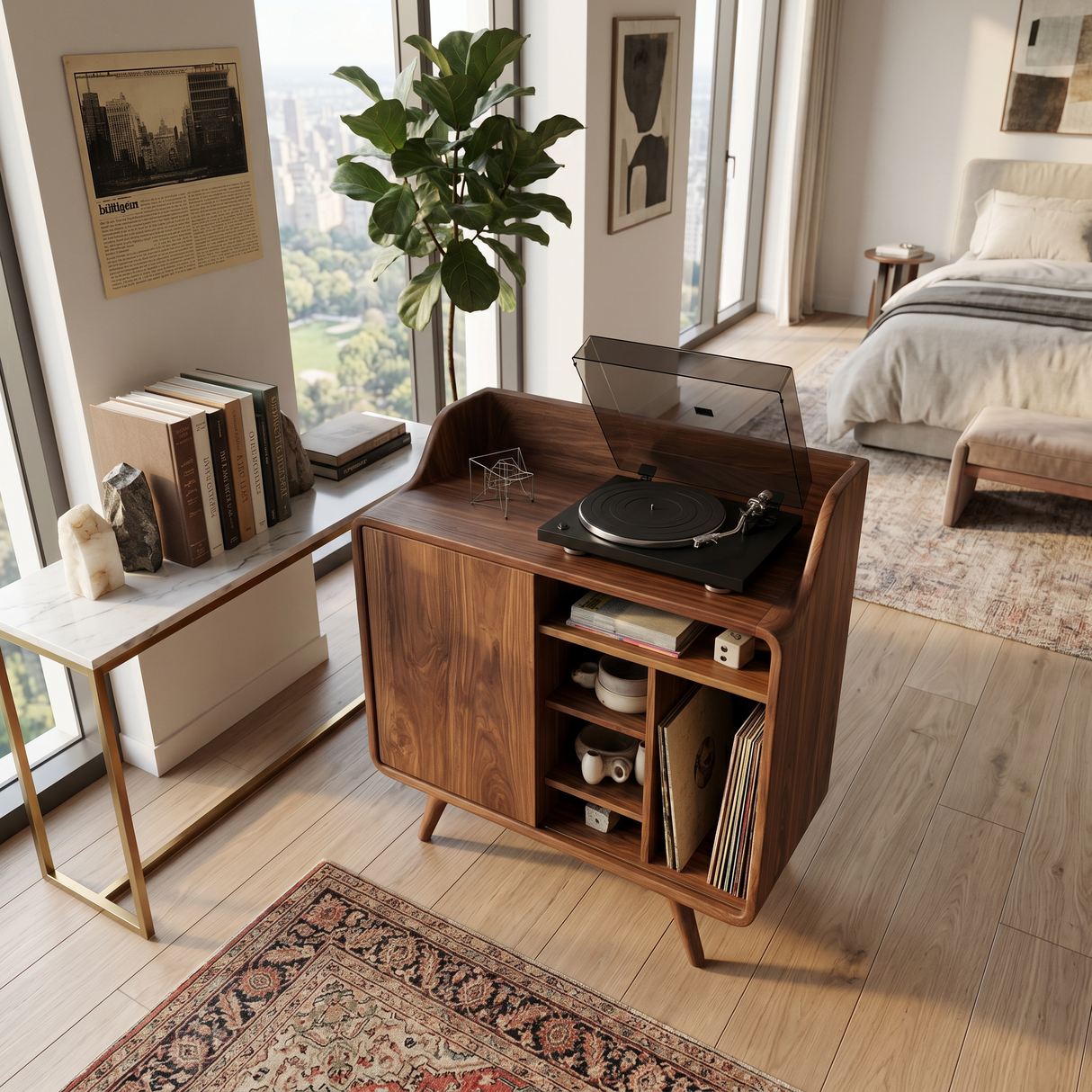 Mid Century Wooden Record Player Stand For Living Room Decor