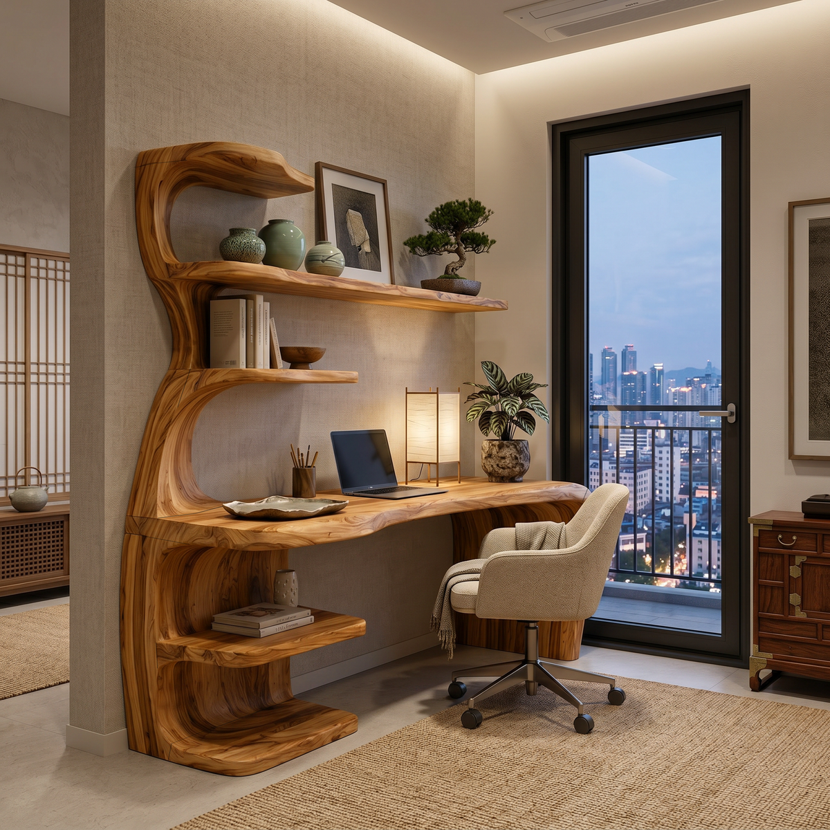 Wooden Desk With Built In Bookcase For Contemporary Workspace